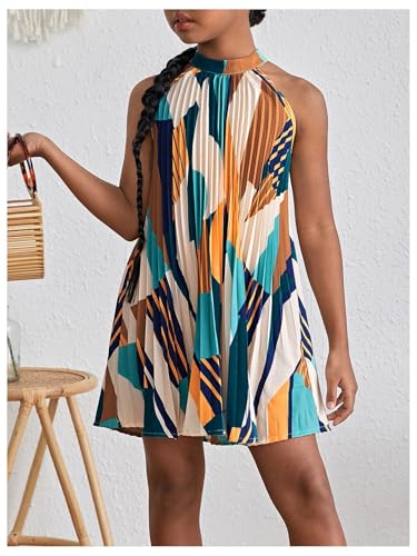 Floerns Girl's Summer Geometric Print Sleeveless Halter Neck Pleated Dress A Line Flowy Short Dress3