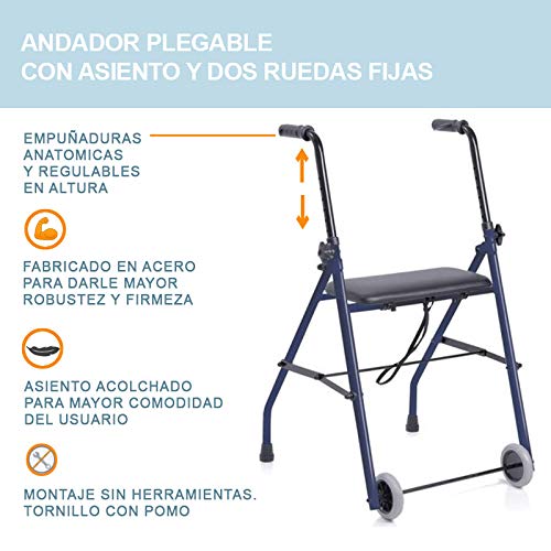 Andador para ancianos, adultos, de acero, plegable con asiento y dos ruedas,