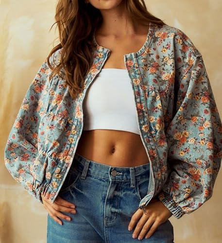 loveimgs Women Retro Floral Denim Jacket Long Sleeves Zip Up Jean Trucker Jackets Patchwork Collarless Jeans Coat Fall Pocket3
