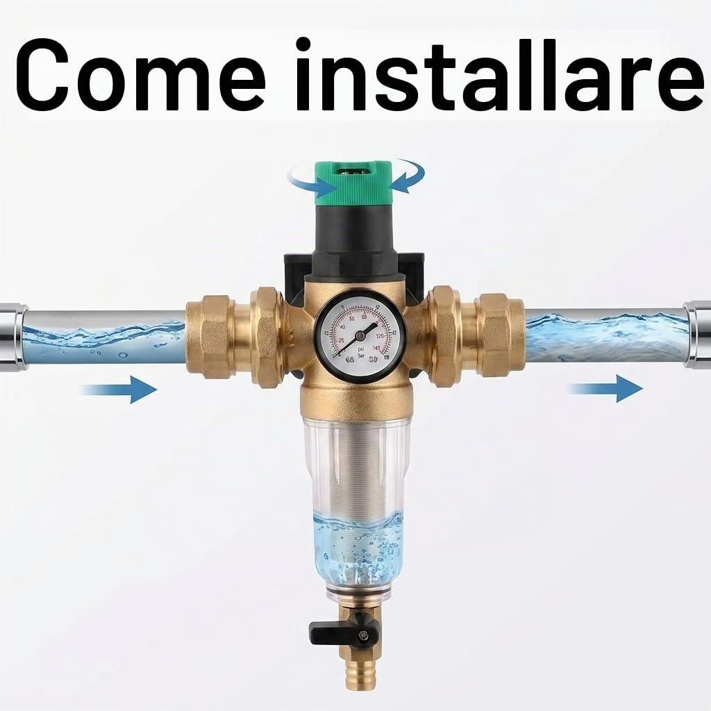 QWORK® Riduttore di Pressione Acqua 1 Pollice, Regolatore di Pressione Acqua con Manometro, Riduttore di Pressione in Ottone con Filtro a Setaccio Autopulente