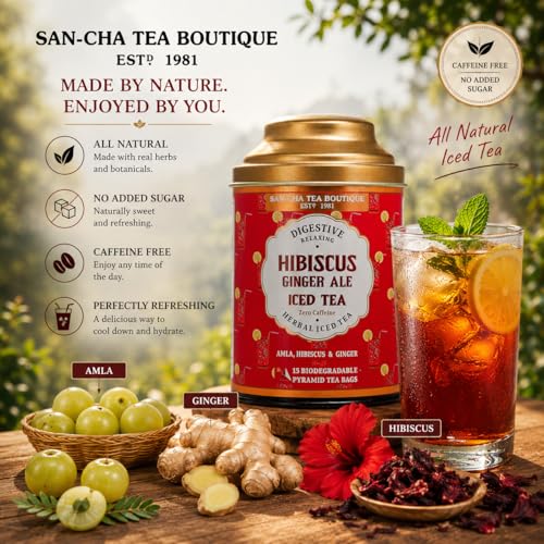 Image of Sancha Hibiscus Ginger Ale Iced Tea | 15 Pyramid Bags | Hibiscus, Amla & Ginger Herbal Blend | Sugar-Free | Not Instant