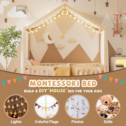 Image of Twin Size Wood House-Shape Platform Bed with Roof Frame and Canopy, Montessori Floor Bed with High Railings and Slat Support for Kids Girls Boys, No Box Spring Needed (Natural-05, Twin)
