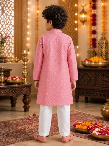 Image of Superminis Baby Boys Silver Foil Printed Cotton Kurta, Round Collar, Full Sleeves With White Pyjama
