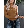 REORIA-Womens-Sexy-One-Shoulder-Short-Sleeve-Knit-Ribbed-Top-Bodysuits Long Sleeve Bodysuit Women Sexy One Shoulder Off The Shoulder Body Suits Knit Ribbed Stretchy Leotard Backless Bodysuits Brown Medium