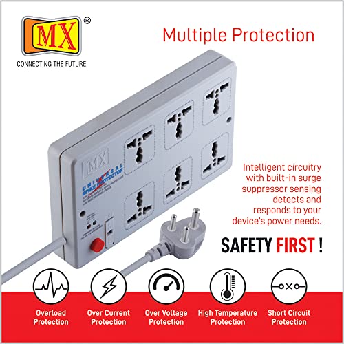 Image of MX 10 m Spike Protector Extension Board - 6‑Outlet Universal Power Strip with Master Switch, Spike & Surge Protection, 6-in-1 International Socket for Home & Office
