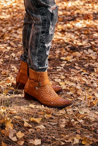 Image of CALTO Men's Invisible Height Increasing Elevator Shoes - Light Brown Premium Leather Woven Ankle Buckle Zipper Boots - 3.3 Inches Taller - K30524 - Size 8 D(M) US