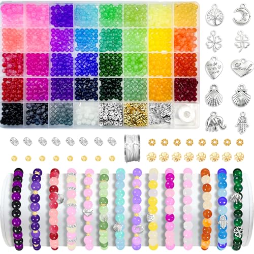 ReePlan 1300 Pcs 6mm Glass Beads for Bracelet Making Kit 36 Vibrant Colours Round Beads for DIY Crafts Necklace Phone Chain Making