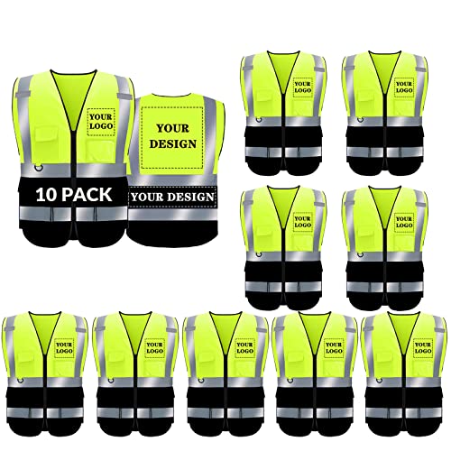 Safety Vest Custom Logo, Class 2 Personalized High Visibility Reflective Vest with 5 Pockets and Zipper,10 Pack (010YellowBlack, XXL)