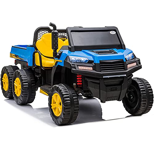 12V 14Ah Ride on Truck 2 Seater Ride On Car Ride-on Tractor for Kids Electric Vehicles with 6 Power Driving Wheels Ride on Car with Remote Control 4WD Dump Truck Ride on Toys for Boys Girls, Blue