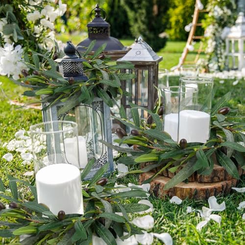 Image of 6 Pcs Artificial Spring Olive Candle Rings Wreaths Greenery Wreath with Olive Leaves Spring Summer Kitchen Cabinet Wreath for Pillars Farmhouse Festival Wedding Celebrations Tabletop Decoration