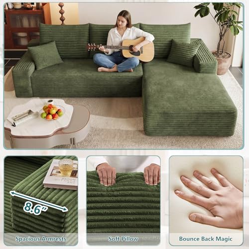 Image of 95 inch Modular Sectional Couch, Boneless L Shaped Cloud Sofa with Chaise Lounge, Corduroy Upholstered Couches Memory Foam Deep Seat, No Assembly Required, Ideal for Living Room(Green, Right Facing)