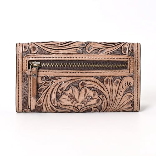 Image of Merbaa Hantooled Leather Wallet RFID Blocking, Trifold Ladies Purse, Flower Handtooled and Carved long Clutch, 1 Back Zip pocket, Wallet For Women, Brown, Medium, Classic