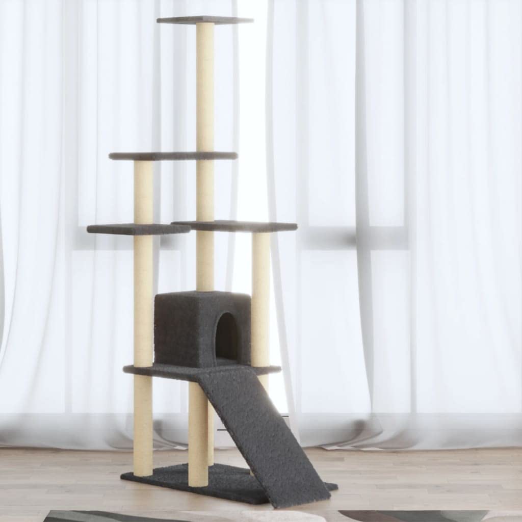 Rascador con columnas rascadoras de sisal gris oscuro 155 cm – Árbol trepador, muebles para gatos, juguetes, cueva, balcón, madera resistente, lavable, ahorra espacio para uso en interiores