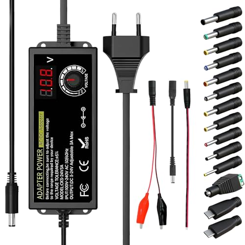 Wxeadu Fuente de Alimentación Universal 3V 24V, Fuente de Alimentacion Regulable 3A 72W, 100 240V AC a DC Adaptador de Corriente Universal con Pantalla Digital y 14 Conectores, Motor CC, 3A Máx