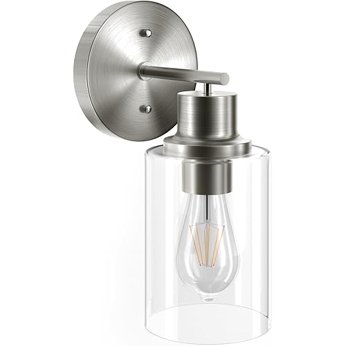 GORDNWE 1-Light Bathroom Wall Sconce,Brushed NickelVanity Light, Modern Wall Light Fixture with Clear Glass Shade and E26 Bulb Base, Wall Lamp Wall Mount Light Fixtures for Mirror, Bedroom, Hallway