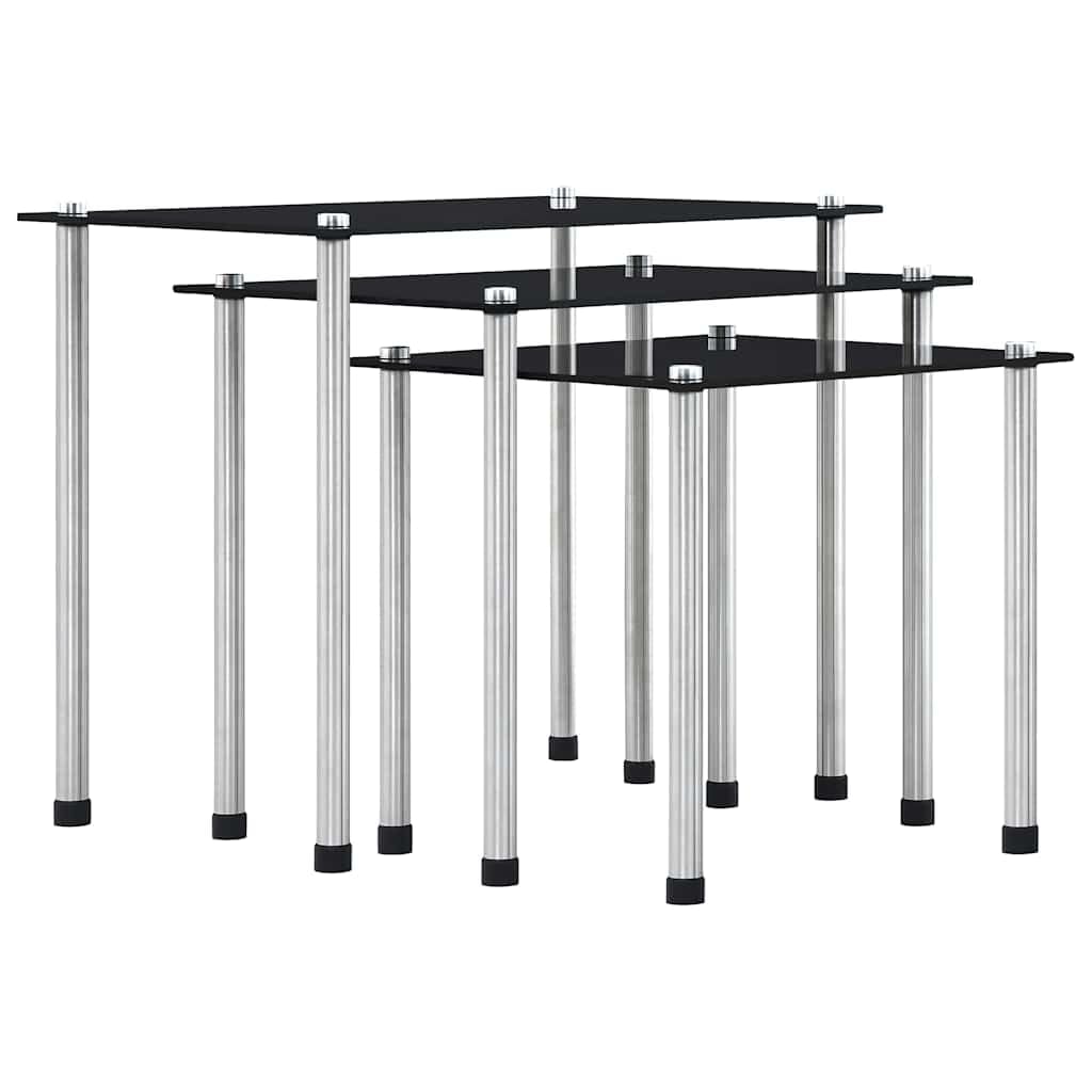 Juego de 3 mesas de cristal templado negro con marco de aluminio, 3 tamaños, mesa auxiliar, mesa de centro para salón, oficina, balcón, apilable, ahorra espacio, moderna solución de