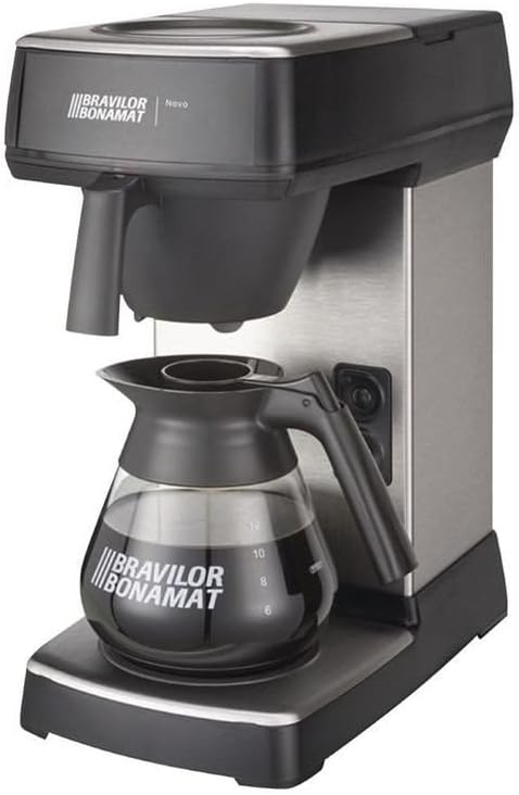 കോണാകൃതിയിലുള്ള വശം view of the Bravilor Bonamat Novo coffee machine with one glass decanter.