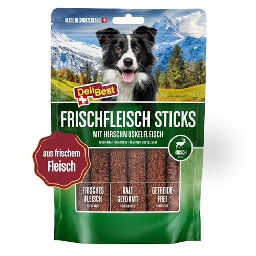 DeliBest Premium Hirschfleisch Sticks I natürlicher Hunde Snack leicht verdaulich I kalt geformt - sehr schmackhafte Hunde Leckerlies aus frischem Fleisch I 6 Stück