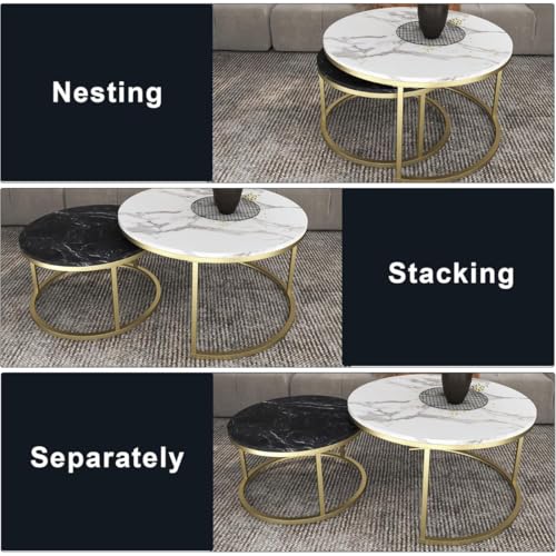Image of 2-Piece Round Coffee Table Set | Marble Finish MDF Top with Golden Iron Frame | Modern Center & Side Table for Living Room, Bedroom & Small Spaces Gold -Black-White