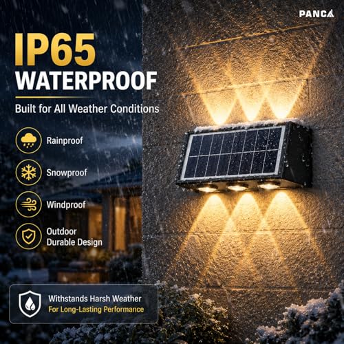 Image of PANCA 6W Solar Wall Lights Outdoor Waterproof IP65, Warm White Up Down LED Wall Lamp with 1200mAh Battery, Auto On /Off Dusk to Dawn Solar Light for Garden Fence Gate Patio Balcony Pathway