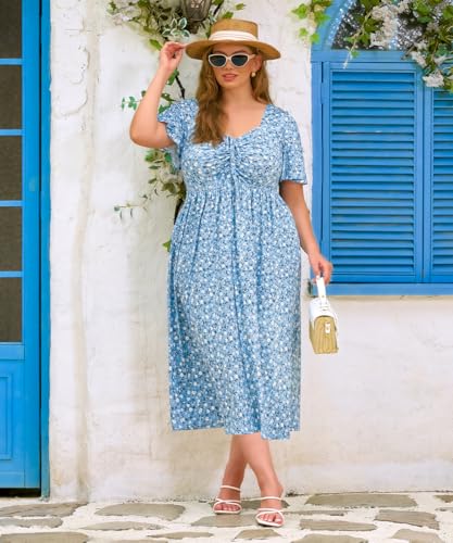 Image of CARCOS Plus Size Dresses for Curvy Women Tie Sweetheart Neck Summer Maxi Dress Short Sleeve Empire Waist Floral Boho Dress