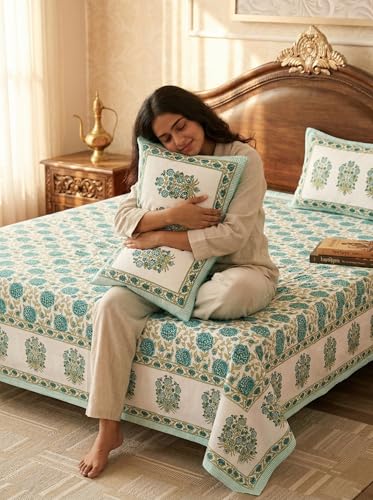 Image of Mafatlal 144 TC Jaipuri Cotton King Bedsheet | 90 x 108 Inches | Soft & Skin-Friendly | Handcrafted Jaipuri Print | 2 Pillow Covers | White Down