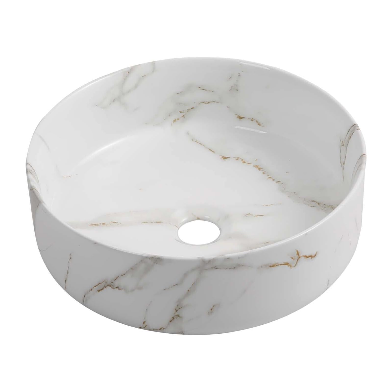 Round Art Countertop Basin for Bathrooms and Cloakroom Hand Wash Basin White Marble Effect Artistic Counter Top Bathroom Sink Basin Ceramic Vessel Sink Washbowl - 360mm