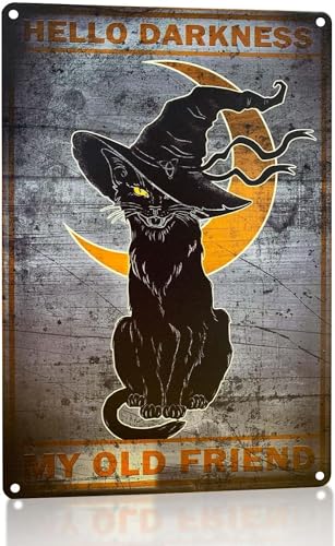 Targa decorativa da parete con scritta "Hello Darkness My Old Friend", motivo gatto nero, stile vintage, 20,3 x 30,5 cm (201)