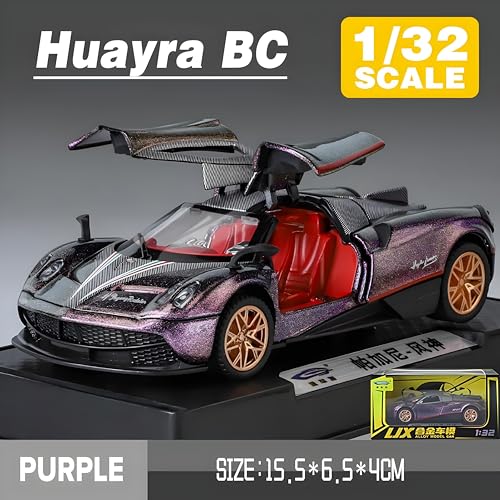 Image of 1:32 Scale Pagani Die-Cast Model Car - Alloy Metal Body Toy Car with Openable Doors, Pullback Action, Light & Sound Effects (Pagani Purple)