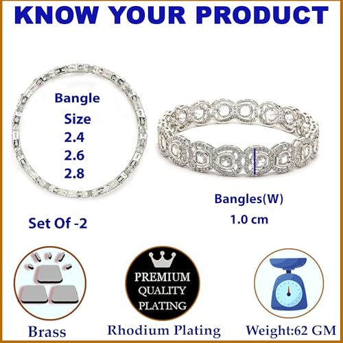 Image of ZENEME Rhodium Plated Silver Toned White American Diamond Studded Bangles Set Of 2 For Women & Girls