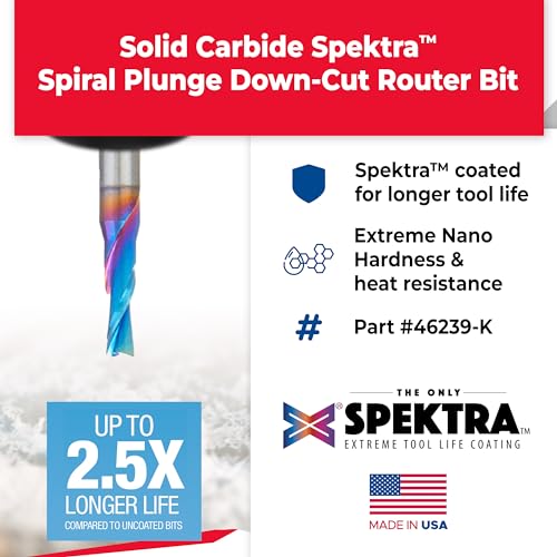 Image of Amana Tool Solid Carbide Spektra Extreme Tool Life Spiral Plunge Router Bit Down-Cut, 46239-K, 3 /32 Dia x 1 /4 CH x 1 /8 Shank 2 Inch L