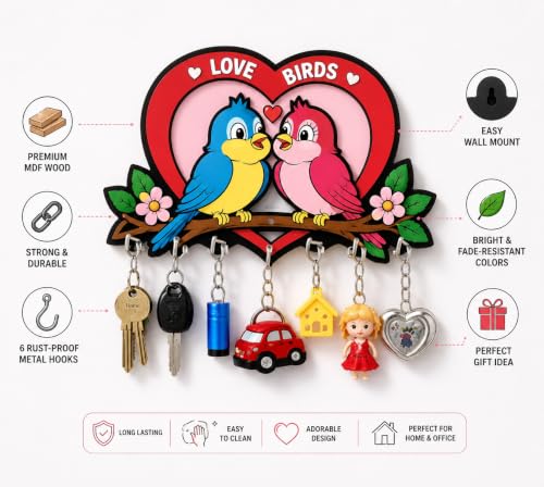 Image of Love Birds Wooden Key Holder for Wall | 7 Hooks Decorative Key Hanger for Home Entrance | Romantic Couple Bird Wall Decor | Key Stand Organizer | Housewarming, Gift