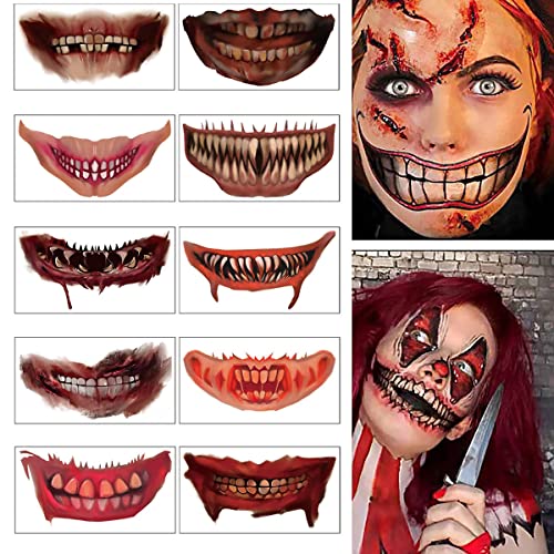 Halloween Mouth Tattoo Stickers Halloween Prank Makeup Temporary Tattoo Paper Horror Lip Big Mouth Face Tattoos For Adults Women Men Clown Cosplay Halloween Makeup Prank Props (10 Sheets) #TOP5