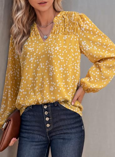 Dokotoo Womens Tops Spring Summer Blouses Boho Long Sleeve Shirts for Women Button Down V Neck Drawstring Babydoll Smocked Business Casual Outfits Ladies Elegant Blouses Plus Size Clothes Yellow XXL — view 2