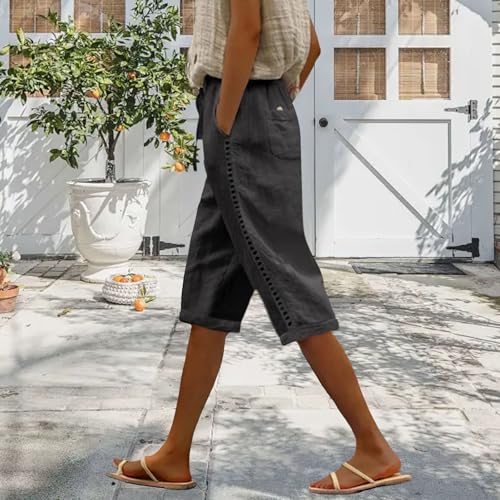 Geleglaer Women's Cotton Linen Shorts Side Hollow Out Knee Length Pants 2025 Summer Drawstring Bermuda Shorts with Pockets2