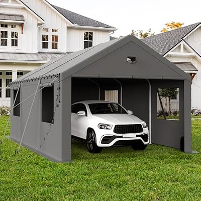 Benass 12x20 Carport, Heavy Duty Carport Canopy with Removable Sidewalls, Drive Through Portable Garage, Grey