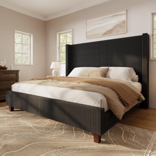 Image of HOWE King Size Bed Frame with 50.8 Inch Corduroy Wingback Headboard, Black | Modern Upholstered Platform Bed, Solid Wood Slats, No Box Spring Needed, Noise-Reducing Design