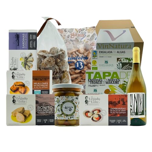 VinNatura - Cesta Gourmet Cíes para Regalar - Selección de Conservas Artesanales, Algas Ecológicas, Vino Godello y Dulces Tradicionales - Experiencia Gastronómica Gallega Premium