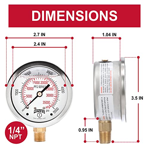 winters 2-1234 dial size liquid filled industrial pressure gauge brass internals stainless steel case dual scale 0-5000 psikpa 15 acc 1434 npt bottom mount glycerin filled pressure gauge