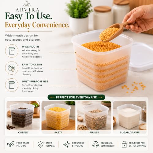 Image of Food Storage Containers Set of 6, (950 ML Each), Square, Transparent | BPA Free Plastic Kitchen Organizers & Storage Jars for Pulses, Rice, Cereals, Dry Fruits & Fridge Storage (White Lid)