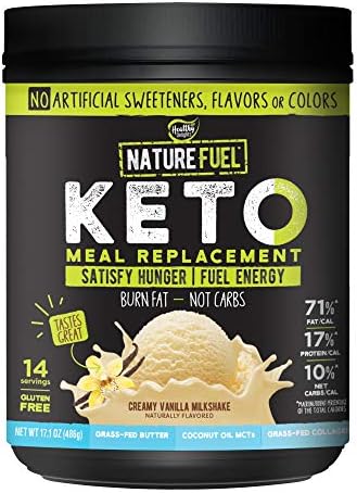 Nature Fuel Keto Meal Replacement Powder – Gluten Free with Coconut Oil MCTs and Grass-Fed Butter – Creamy Vanilla Milkshake – 14 Servings – Pantry Friendly, 17.1 Fl Oz