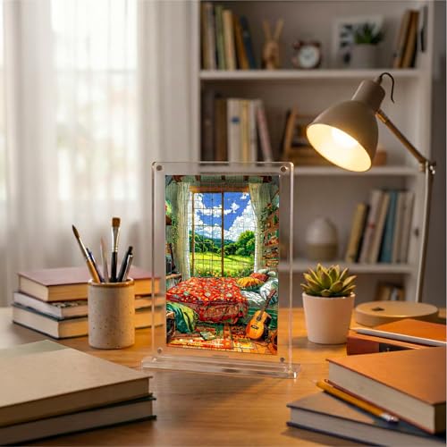 Image of Mini Leaves Morning Light Acrylic Frame Jigsaw Puzzle 140 Pieces | Cozy Room Desk Decor with Display Frame | Premium Gift for Art & Puzzle Lovers