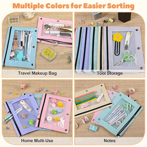 Image of Lanpn Pencil Pouch for 3 Ring Binder 72 Pack, Pastel Binder Pen Bags Bulk with Zipper, Aesthetic 3 Holes Pencil Holder Organizer for Boy Girl Kids School Student, Reinforced Grommets & Clear Window