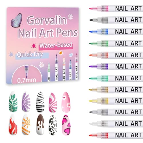 Gorvalin 12 Colors Nail Art Pens, 3D Quick Dry Nail Point Graffiti Dotting Liner Pen Sets Nail Art Painted Pen Drawing Nail Design Kit for Nail DIY Decoration Gift