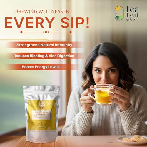 Image of Lemon Ginger Green Tea Bags (50 Count), Green Tea with Orange Peel, Black Pepper & Mint Extract, Caffeinated, Real and Natural Green Tea, Blended with Fresh Herbs and Spices, Gluten Free