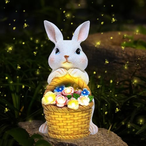 Osterdeko Gartenfiguren Solarlampen für Außen Garten Statuen,Osterhase Garten Deko Outdoor Indoor,Kaninchen Blumen Statue mit 5 LED Licht,Gartendeko für Draußen Wetterfest Osterdekoration (Weiß)