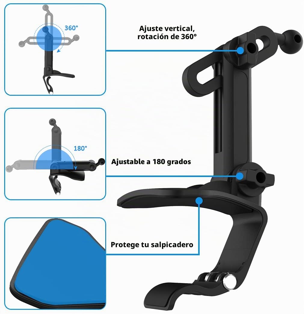 Soporte Coche Móvil con Clip para Salpicadero, Visera y Espejo Retrovisor | con Brazo Ajustable, para iPhone 17 Pro Max 16 15, iPad, Teléfonos y Tabletas 4-11"
