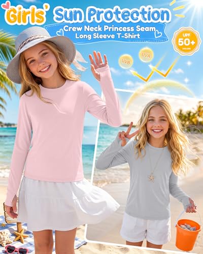 Image of 3 Pack Girls' Rash Guard Swim Long Sleeve Shirt UPF 50+ UV Sun Protection Quick Dry Tee with Thumb Holes 5-14Y