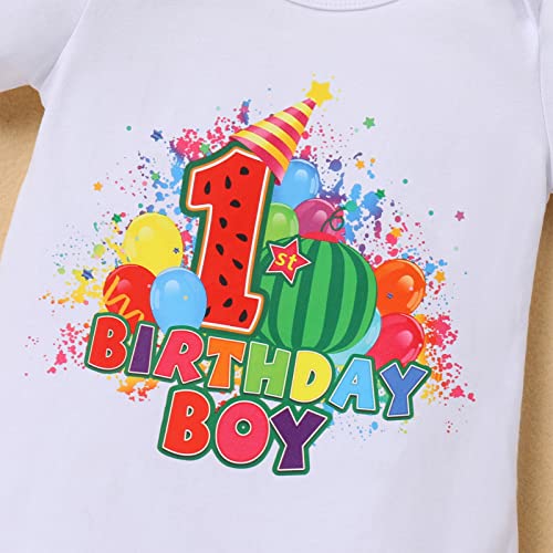 Image of 1st /2nd /3rd /4th /5th Birthday Outfit Boy Short Sleeve Romper /T-shirt+Rainbow Suspenders+Denim Shorts+Birthday Hat 4PCS Clothes