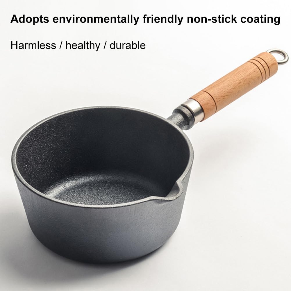 Mini cacerola de hierro fundido con de madera, olla antiadherente para derretir mantequilla con boquilla vertedora, mini cacerola pequeña para cocina, cocina de inducción, estufa d